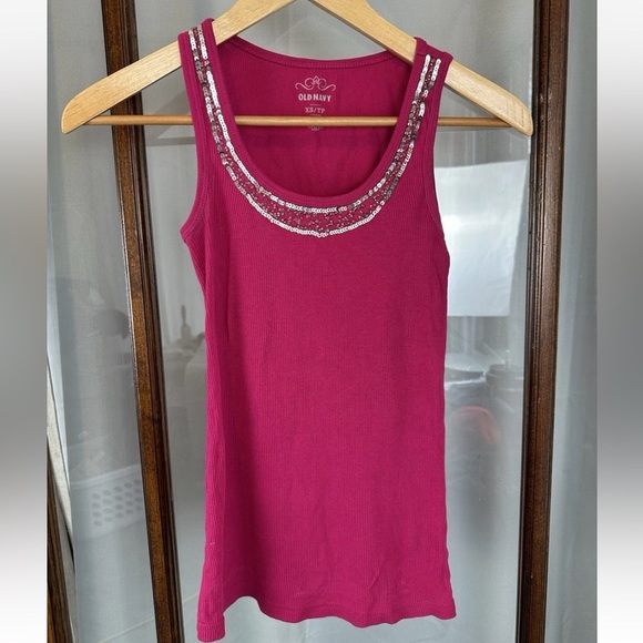 Old Navy Tops - Old Navy tank top womens XS Hot Pink sequin y2k party fairy boho Beads Ribbed